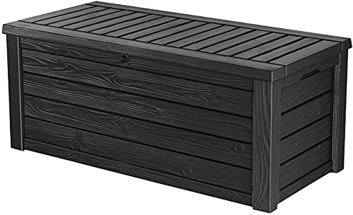 Ondis24 Keter Westwood Aufbewahrungsbox für Terrassenmöbel aus Kunststoff Auflagenbox Gartenbox anthrazit 568 Liter Holz Optik mit Gasdruckfedern ca. 154.9 x 72.4 x 64.5 cm von Ondis24