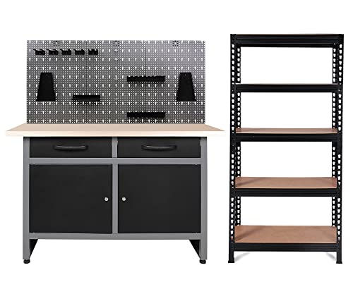 Ondis24 Werkbank 120 cm Werner Packtisch + 1x Metallregal Karl + Lochwandhakenset, Lagerregal, Werkstatt Werktisch Packtisch Basic mit höhenverstellbaren Füßen, Kellerregal, Werkstatt Set von Ondis24