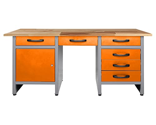 Ondis24 Werkbank 160 cm orange mit 6 Schiebern und Tür abschließbar Werktisch für Werkstatt Holz Arbeitsplatte von Ondis24