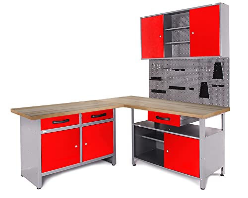 Ondis24 Werkstatt Ecklösung Basic One, 180 cm Holzarbeitsplatte, 2X Werkbank, 1x Werkzeugschrank, Stahl, abschließbar, Werkzeugwand - Lochwand, 1x Haken Set (Arbeitshöhe 85 cm, rot) von Ondis24