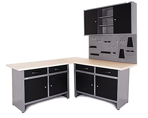 Ondis24 Werkstatt Set Ecklösung Iconic One, Werkbank, 180 cm Holzarbeitsplatte, Werkzeugschrank, Werkzeugwand Lochwand, Haken Set, Metall von Ondis24