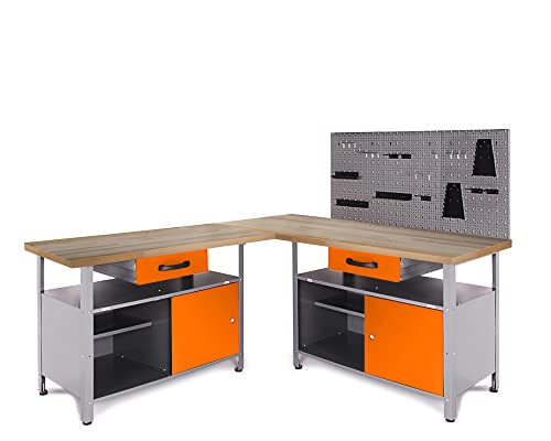 Ondis24 Werkstatt Set Ecklösung One, Werkbank, 120 + 60 cm Buchenholzarbeitsplatte, Werkzeugwand Lochwand, Haken Set, Metall (Arbeitshöhe 85cm, orange) von Ondis24
