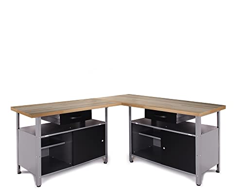 Ondis24 Werkstatt Set Ecklösung Simple One, Werkbank, 120 + 60 cm Buchenholzarbeitsplatte 27mm, Metall (Arbeitshöhe 85cm, schwarz) von Ondis24