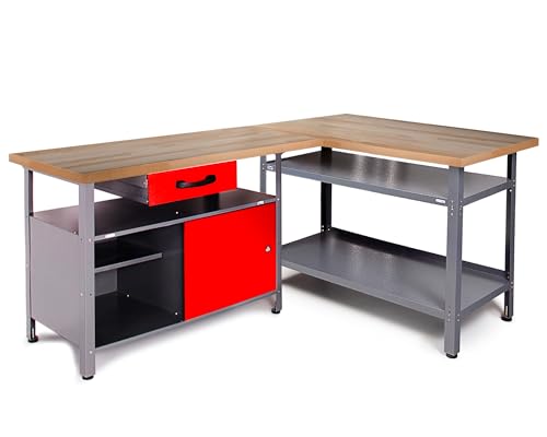 Ondis24 Werkstatt-Set Ecklösung Sparfuchs 120 x 120 x 85cm (H), 2X Werkbank aus Metall, melaminbeschichtete Arbeitsplatte, Problemlöser für Ecke (180x120, Rot) von Ondis24