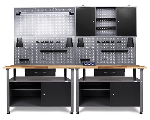 Ondis24 Werkstatt Werkstatteinrichtung 240cm Komplettset mit LED und Bluetooth Lautsprechern, inkl. versenkbare Steckdosenleiste grau Werkbank Werkzeugschrank Lochwand Buchenholzarbeitsplatte von Ondis24