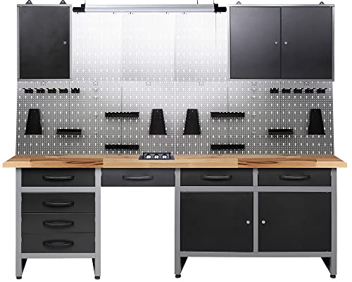 Ondis24 Werkstatt Werkstatteinrichtung 240cm Komplettset mit LED und Bluetooth Lautsprechern, inkl. versenkbare Steckdosenleiste grau Werkbank Werkzeugschrank Lochwand von Ondis24