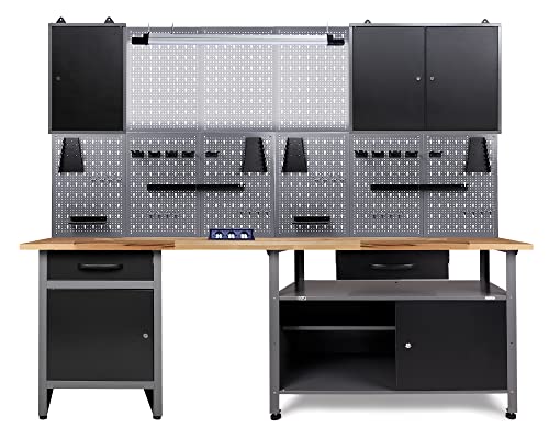 Ondis24 Werkstatt Werkstatteinrichtung All in One 240cm Komplettset mit LED und Bluetooth Lautsprechern, inkl. versenkbare Steckdosenleiste grau Werkbank Werkzeugschrank Lochwand von Ondis24