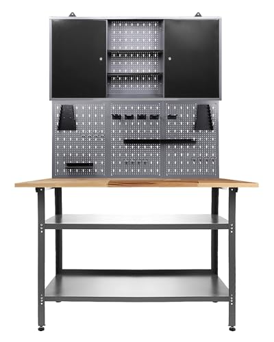 Ondis24 Werkstatteinrichtung 120 cm Werkbank Nobbi, Metall, Lochwand mit Hakensortiment, 1 Werkstattschrank (Arbeitshöhe 85 cm, Schwarz) von Ondis24