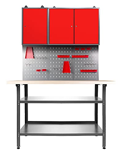 Ondis24 Werkstatteinrichtung 120 cm Werkbank Nobbi, Metall, Lochwand mit Hakensortiment, 2 Werkstattschränke (Arbeitshöhe 85 cm, Rot) von Ondis24