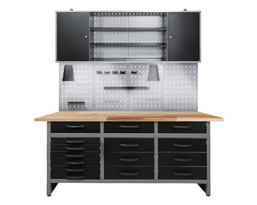 Ondis24 Werkstatteinrichtung 160cm, Werkstatt - Werkbank, Hängeschrank, Euro - Lochwand mit Haken mit LED von Ondis24