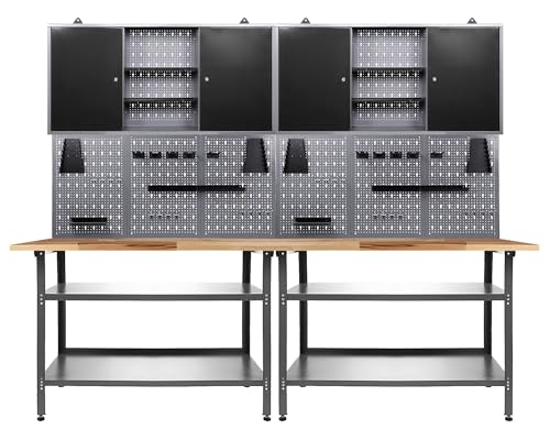 Ondis24 Werkstatteinrichtung 240 cm Werkbank Nobbi, Metall, Lochwand mit Hakensortiment, 2 Werkstattschränke (Arbeitshöhe 85 cm, Schwarz) von Ondis24