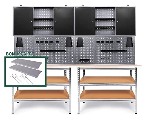 Ondis24 Werkstatteinrichtung 240 cm Werkbank Uwe, Metall, Lochwand mit Hakensortiment, 2 Werkstattschränke Arbeitshöhe 92 cm, inkl. Einlegeboden-Set von Ondis24