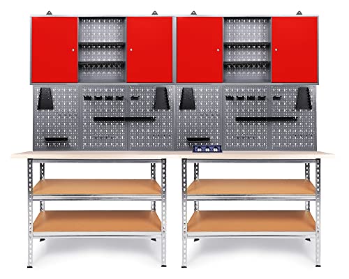 Ondis24 Werkstatteinrichtung 240 cm Werkbank Uwe, Metall, Lochwand mit Hakensortiment, 2 Werkstattschränke Arbeitshöhe 92 cm inkl. versenkbarer Steckdosenleiste (rot) von Ondis24