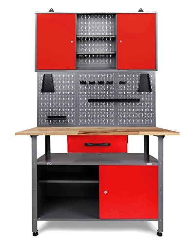 Ondis24 Werkstatteinrichtung Klaus, Metall, 1 Werkstattschrank, Lochwand, Hakensortiment (Arbeitshöhe 85 cm, Rot) von Ondis24