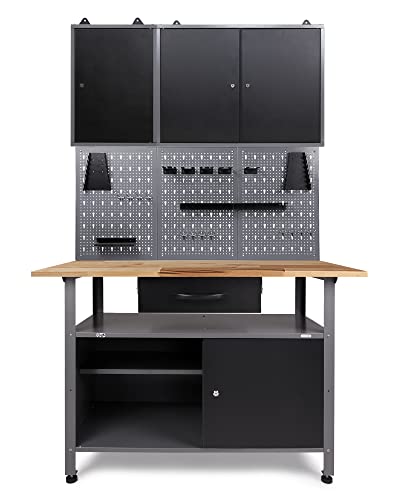 Ondis24 Werkstatteinrichtung Klaus, Metall, 2 Werkstattschränke, Lochwand, Hakensortiment (Arbeisthöhe 85 cm, Schwarz) von Ondis24