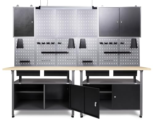 Ondis24 Werkstatteinrichtung Werkstatt Set Werkbank Fritz Hängeschrank Werkzeugwand Metall Schwarz Grau (Bluetooth, 240 cm) von Ondis24