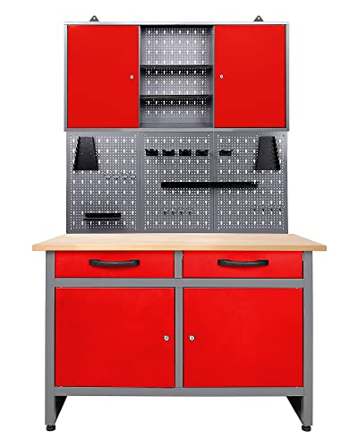 Ondis24 Werkstatteinrichtung rot 3 teilig Werkstatt Werkbank Werzeugschrank Eurolochung Arbeitshöhe 85 cm (Arbeitshöhe 95 cm) von Ondis24