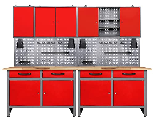 Ondis24 Werkstatteinrichtung rot 7-teilig Werkbank Werkzeugschrank Werkzeugwand/Lochwand mit Haken + 2X LED Lampe von Ondis24