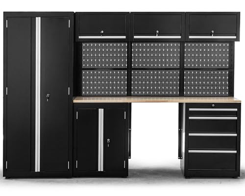 Ondis24 XL Werkstatt Komplett Set 260cm vormontierte Männerküche Werkstattrichtung modular mit Holzarbeitsplatte, Werkzeugschränke, Werkbank mit Schubladen (9 TLG.) von Ondis24