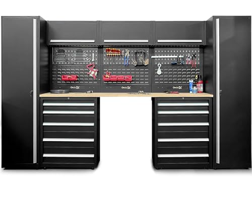 Ondis24 XXL Werkstatt Komplett Set 325cm Männerküche Werkstattrichtung modular mit Buchenholzarbeitsplatte, Werkzeugschränke, Werkbank mit Schubladen (9 TLG.) von Ondis24