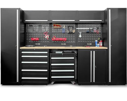 Ondis24 XXL Werkstatt Komplett Set 325cm Männerküche Werkstattrichtung modular mit Buchenholzarbeitsplatte, Werkzeugschränke, Werkbank mit Schubladen (9 TLG.) von Ondis24