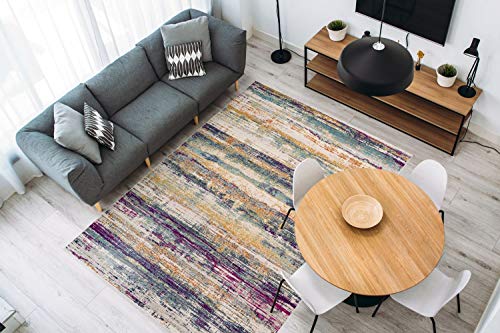 One Couture Teppich Bunt Streifen Linien Teppiche Used Look Fransen Beige Gelb Lila Blau Wohnzimmerteppich Esszimmerteppich Teppichläufer Flur-Läufer, Größe:80cm x 150cm von One Couture