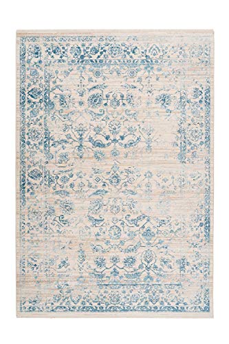 One Couture Teppich Vintage Schnörkel Design Ornamente Fransen Beige Blau Wohnzimmerteppich Esszimmerteppich Teppichläufer Flur-Läufer, Größe:120cm x 170cm, Multi, 120x170cm, MD2815 von One Couture