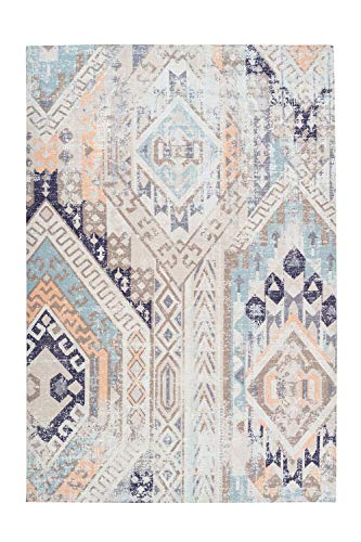 One Couture Vintage Teppich Ethno Design Azteken Maya Inka Muster Teppiche Creme Blau Beige Wohnzimmerteppich Esszimmerteppich Teppichläufer Flur-Läufer, Größe:80cm x 150cm von One Couture