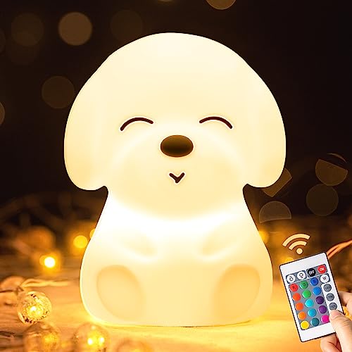 One Fire Nachtlicht Kinder, Kawaii 16 Farben Nachtlicht Baby, Fernbedienung Stilllicht Dimmbar Nachttischlampe Kinder,1200mAh Akku Lampe&Timing Tragbaren Babyzimmer,Silikon Hund Spielzeug Geschenk von One Fire