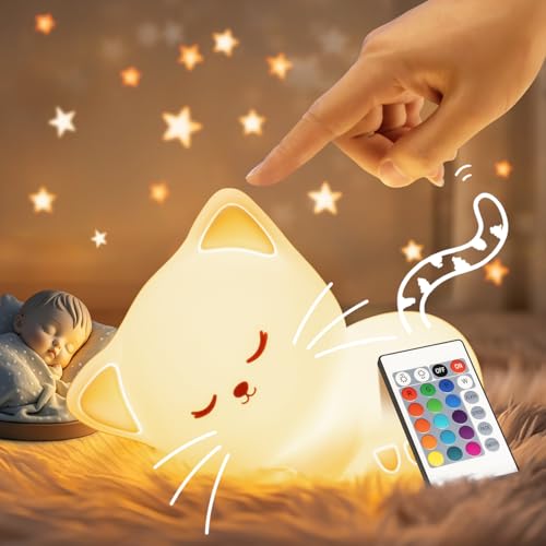 Nachtlicht Kinder Nachtlicht Baby Spielzeug Katze, 16 Farben+Fernsteuerung+USB Aufladbar Stilllicht Dimmbar Nachttischlampe Kinder, Katze Spielzeug Kinder Kawaii Deko,Cute Nachtlampe Kinderzimmer Deko von One Fire