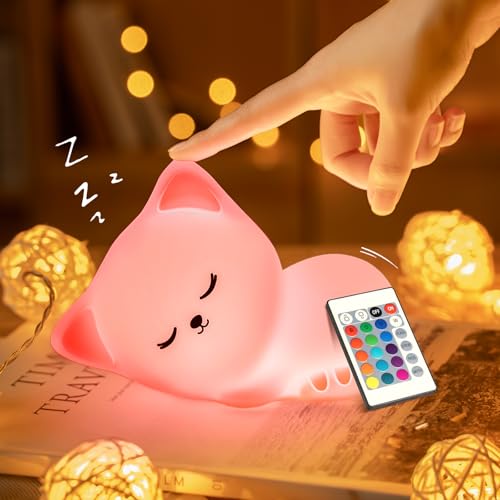 Nachtlicht Kinder Nachtlicht Baby, 16 RGB Farben+Fernsteuerung+USB Wiederaufladbar Stilllicht Dimmbar Nachtlampe Kinderzimmer,Kinder Nachtlicht Dimmbar Nachtlicht Mädchen Stilllicht Dimmbar Katze Deko von One Fire