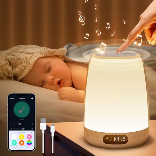 One Fire Nachttischlampe Kinder mit Lichtwecker,APP Nachtlicht Kinder mit Wecker Kinder,RGB+10 Helligkeit Nachttischlampe Touch Dimmbar,14 White Noise Nachtlicht Baby Stilllicht, 3000mAh Akku Lampe von One Fire