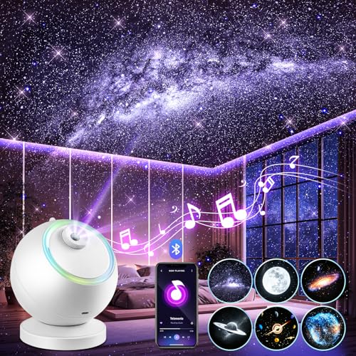 One Fire Sternenhimmel Projektor, 10 White Noise | 2400 mAh Bluetooth Sternenhimmel mit 6 Planeten Discs, 2 Helligkeit 3 Timer Planetarium Projektor für Kinder Erwachsene Geschenk Mädchen Junge Deko von One Fire