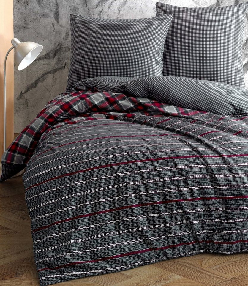 Bettwäsche Berry, One Home, Renforcé, 3 teilig, Baumwolle, gestreift und kariert, Doppelbett von One Home