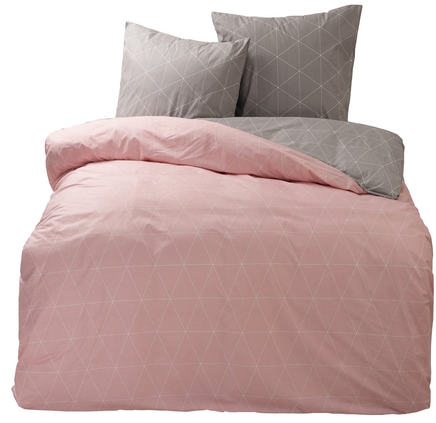 Bettwäsche Raute grau / rosa, One Home, Renforcé, 3 teilig, Geometrisch und modern, Baumwolle Doppelbett von One Home
