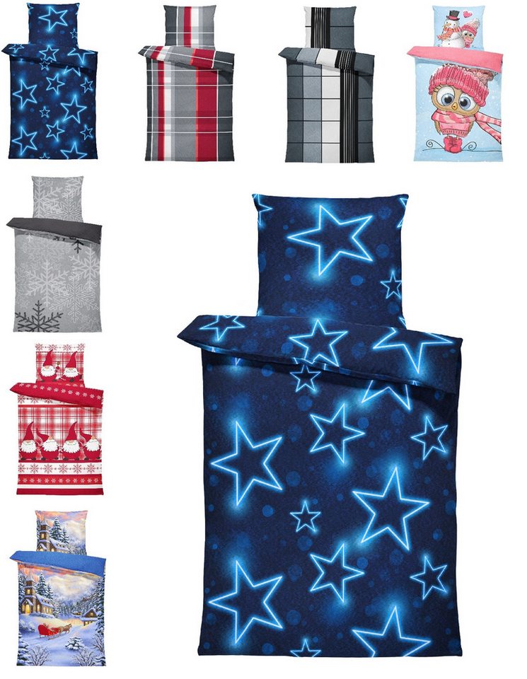 One Home Bettwäsche Winter Thermofleece, Fleece, 4 teilig, Sterne leuchtoptik, kuschelig flauschig warm weich Modern von One Home