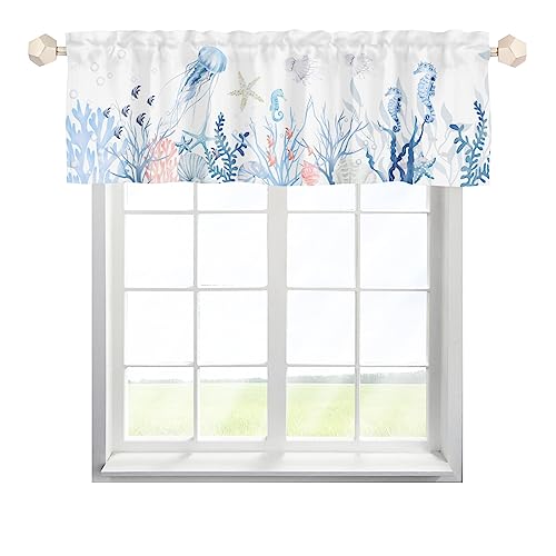 Koralle Seepferdchen Seestern Scheibengardinen Bistrogardine mit Stangendurchzug Kurz Stores Schals Modern Fensterschal für kleine Fenster Küche Wohnzimmer Landhaus Multicolor 137x45cm,1 Stück von One Lover