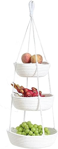 Obstkorb Hängend 3 Etagere Obst Hängekorb, Makramee Handgemachter Wandkörbe, Etagen Handgefertigt Korb Hängender Küche Boho Hängekörbe, Gemüse Aufbewahrung Organisation Deko weiß von One Of A Kind Sales