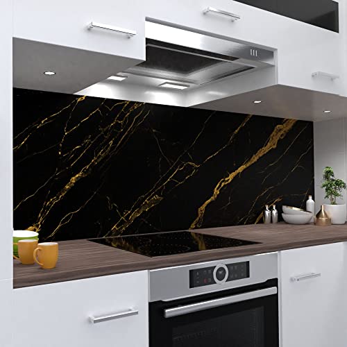 OneWheel, Küchenrückwand selbstklebend, Marmor schwarz gold, 400 x 80cm harte PVC Folie, Spritzschutz für Fliesenspiegel von OneWheel