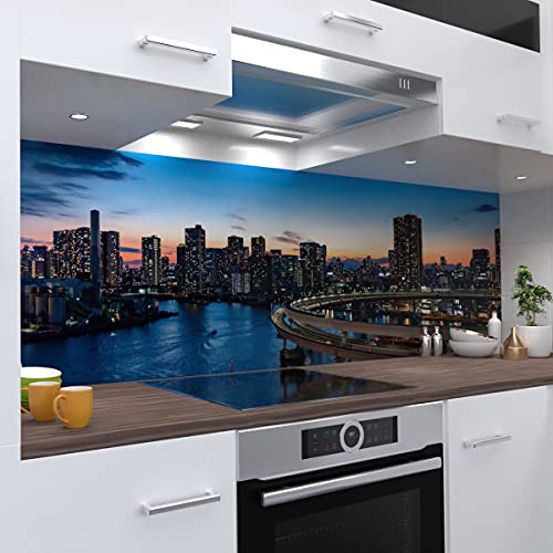 OneWheel, selbstklebende Küchenrückwand, 340x60 cm harte PVC Folie, Wandtattoo für Fliesenspiegel Design Großstadt Blau, Motiv: Skyline1 von OneWheel