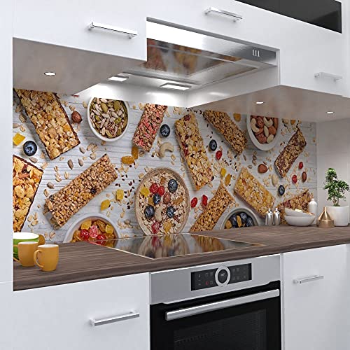 OneWheel | selbstklebende Küchenrückwand | 220x50 cm harte PVC Folie | Wandtattoo für Fliesenspiegel Design Müsliriegel | Motiv: Müsli von OneWheel