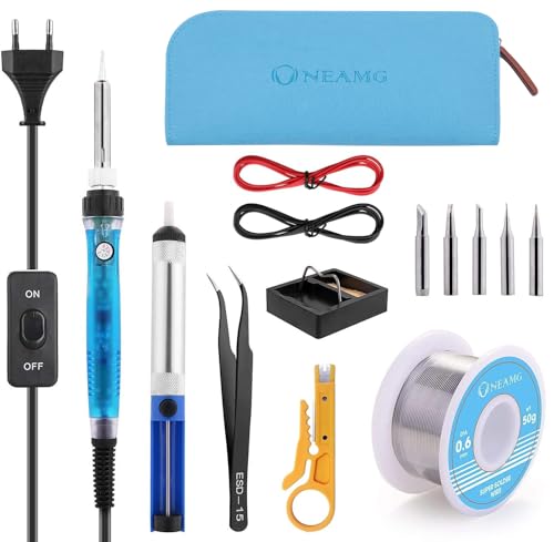 Lötkolben Set, ONEAMG Lötkolben Kit Lötset 60W, Digitale Lötstation Temperatur Regelbar und EIN/AUS-Schalter, Soldering Iron Kit 220V mit 5 Lötspitzen, Entlötpumpe, Lötkolbenständer, Lötzinn,Pinzette von OneAmg