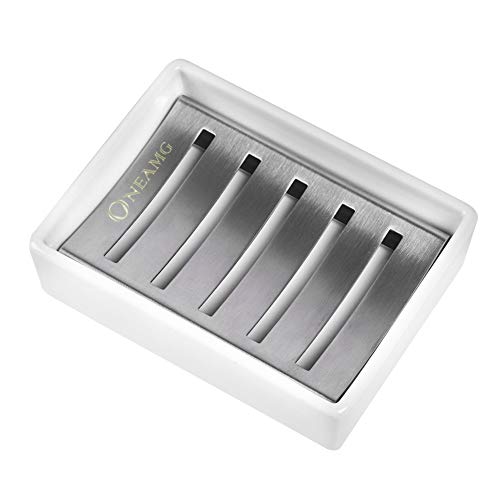ONEAMG Seifenschale, Keramik Sitz SUS 304 Edelstahl Seifenhalter Seifenablage Doppel Seifenkiste ohne Bohren für Dusche, Bad, Küche, Keep Seife Bars Dry & Clean, einfache Reinigung von OneAmg