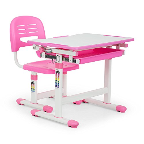 Oneconcept Tommi - Kinderschreibtisch, Schreibtisch, ergonomischer Tisch und Stuhl, höhenverstellbar, neigbare Tischplatte von 0 bis 40°, Aufbewahrungsschublade, seitlicher Taschenhaken, pink von Oneconcept