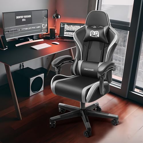 OneGame Gaming Sthul, Ergonomischer Computer Gamer Chair Bürostuhl höhenverstellbar Drehstuhl mit Verstellbare hohe Rückenlehne Lendenkissen 150-200KG, Grau von OneGame