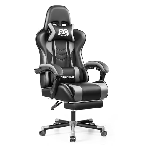 OneGame Gaming Stuhl mit Fußstütze, höhenverstellbar Computer Video Game Stuhl hohe Rückenlehne, ergonomische Home Office Stuhl 150KG-200KG, Grau von OneGame
