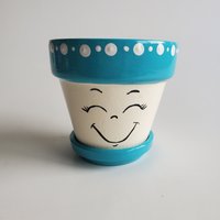 Kleiner Teal Und Creme Happy Face Blumentopf Übertopf Handbemalt 2, 75" von OneHappyPot