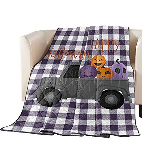 Cartoon Black Truck Cute Pumpkins Reversible Down Alternativen Comforter Quilted, Lightweight Soft Bedspread for Kids Adults Woman Teen Bed, Purple White Tartan Plaid Throw Blankets for Sofa Decor von OneHoney