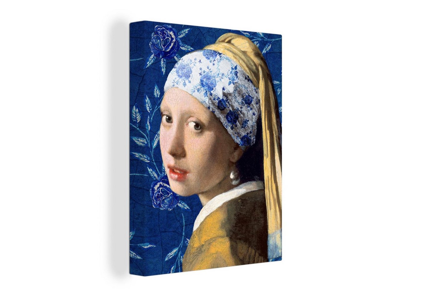 OneMillionCanvasses® Gemälde Mädchen mit Perlenohrring - Delfter Blau - Vermeer - Blumen - Gemälde, (1 St), Bild auf Leinwand Wandbild Leinwandbilder Wanddekoration Kunstdruck Wandkunst Gemälde von OneMillionCanvasses®