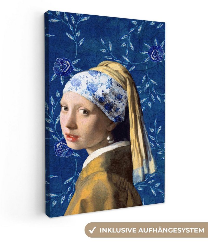 OneMillionCanvasses® Gemälde Mädchen mit Perlenohrring - Delfter Blau - Vermeer - Blumen - Gemälde, (1 St), Leinwandbild fertig bespannt inkl. Zackenaufhänger, Gemälde, 20x30 cm von OneMillionCanvasses®